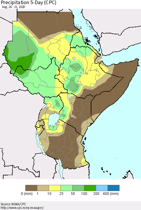 Eastern Africa Precipitation 5-Day (CPC) Thematic Map For 8/26/2020 - 8/31/2020