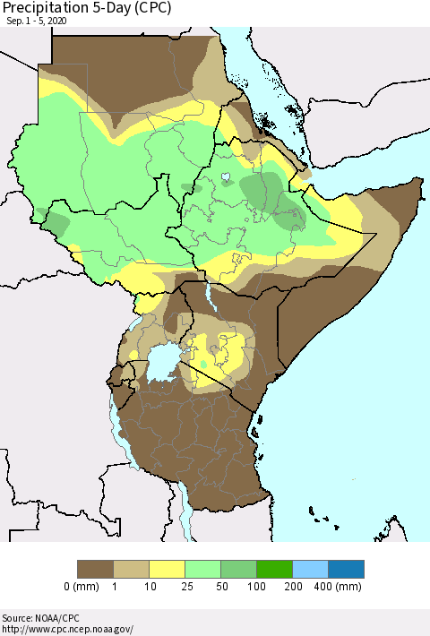Eastern Africa Precipitation 5-Day (CPC) Thematic Map For 9/1/2020 - 9/5/2020