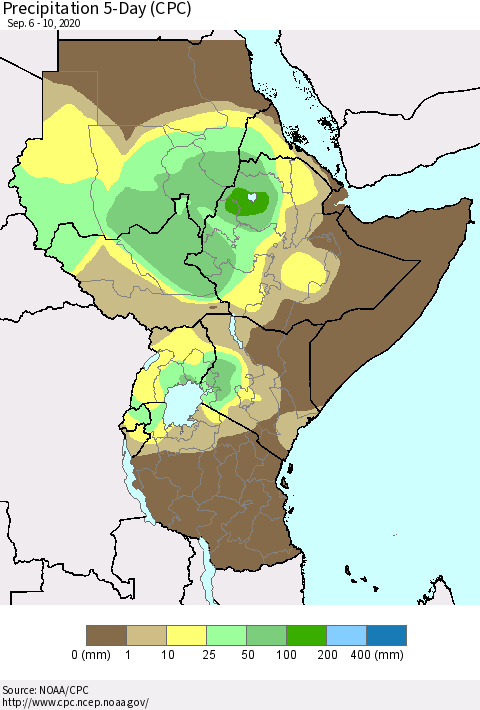Eastern Africa Precipitation 5-Day (CPC) Thematic Map For 9/6/2020 - 9/10/2020