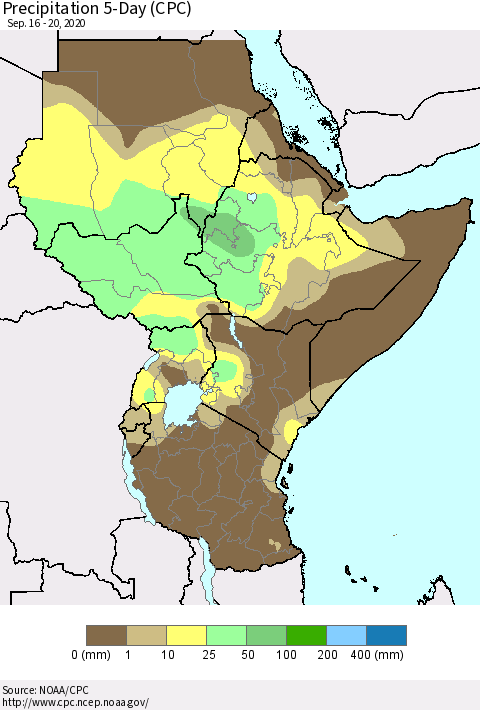 Eastern Africa Precipitation 5-Day (CPC) Thematic Map For 9/16/2020 - 9/20/2020