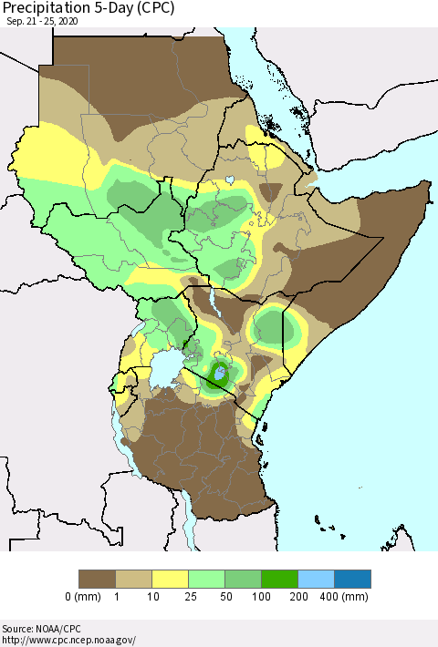 Eastern Africa Precipitation 5-Day (CPC) Thematic Map For 9/21/2020 - 9/25/2020