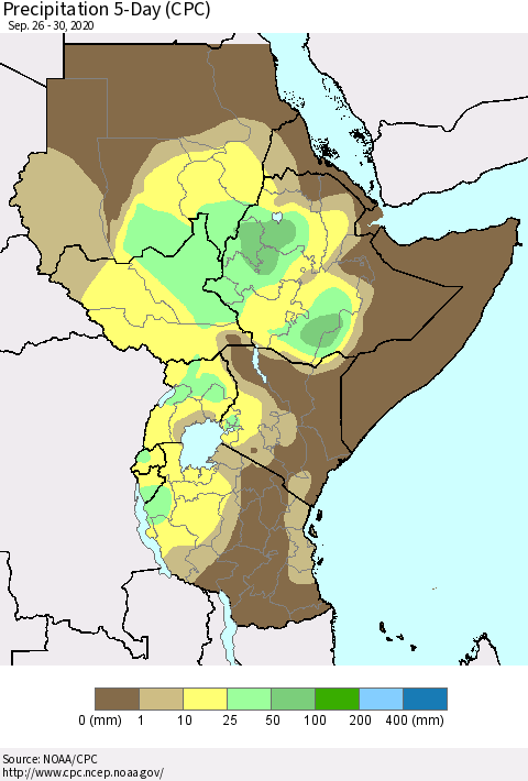 Eastern Africa Precipitation 5-Day (CPC) Thematic Map For 9/26/2020 - 9/30/2020