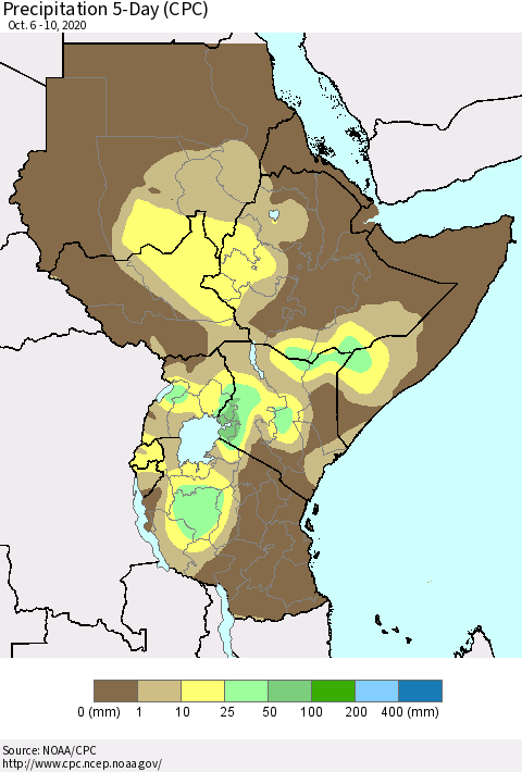 Eastern Africa Precipitation 5-Day (CPC) Thematic Map For 10/6/2020 - 10/10/2020