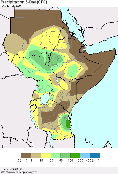 Eastern Africa Precipitation 5-Day (CPC) Thematic Map For 10/11/2020 - 10/15/2020