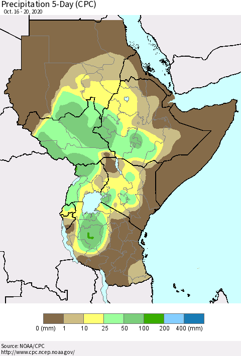 Eastern Africa Precipitation 5-Day (CPC) Thematic Map For 10/16/2020 - 10/20/2020
