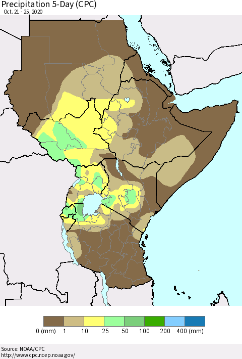 Eastern Africa Precipitation 5-Day (CPC) Thematic Map For 10/21/2020 - 10/25/2020
