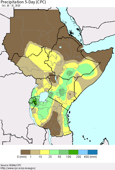 Eastern Africa Precipitation 5-Day (CPC) Thematic Map For 10/26/2020 - 10/31/2020
