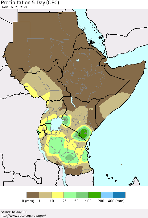 Eastern Africa Precipitation 5-Day (CPC) Thematic Map For 11/16/2020 - 11/20/2020