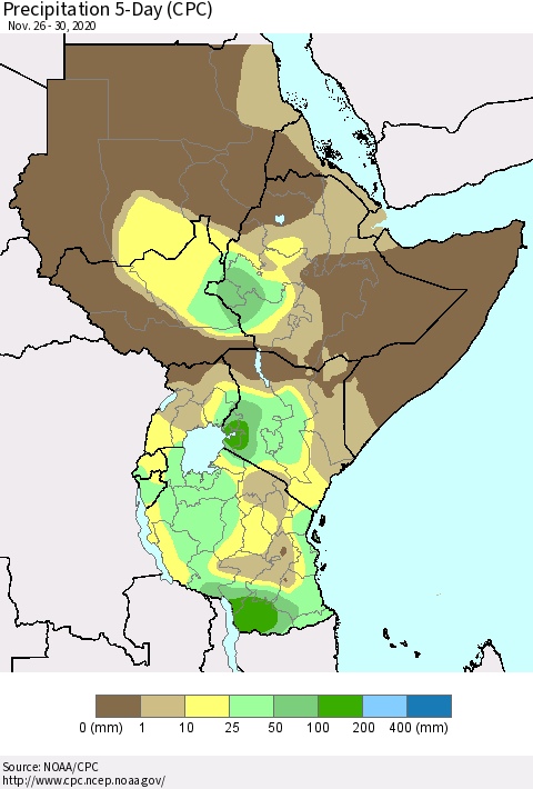 Eastern Africa Precipitation 5-Day (CPC) Thematic Map For 11/26/2020 - 11/30/2020