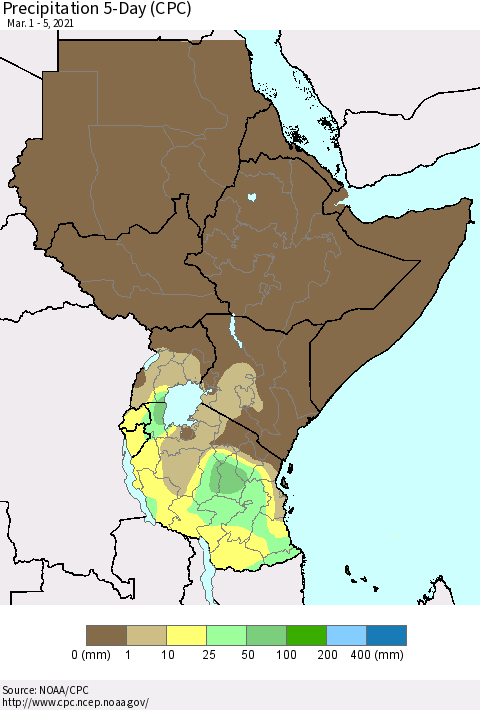 Eastern Africa Precipitation 5-Day (CPC) Thematic Map For 3/1/2021 - 3/5/2021