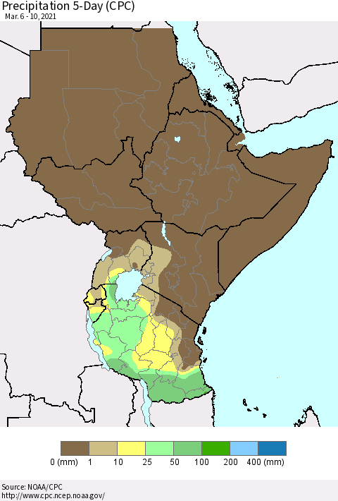 Eastern Africa Precipitation 5-Day (CPC) Thematic Map For 3/6/2021 - 3/10/2021