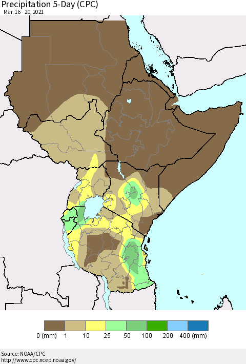 Eastern Africa Precipitation 5-Day (CPC) Thematic Map For 3/16/2021 - 3/20/2021