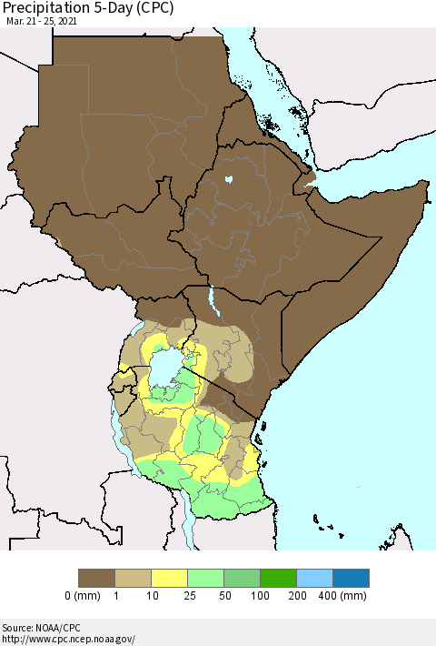 Eastern Africa Precipitation 5-Day (CPC) Thematic Map For 3/21/2021 - 3/25/2021