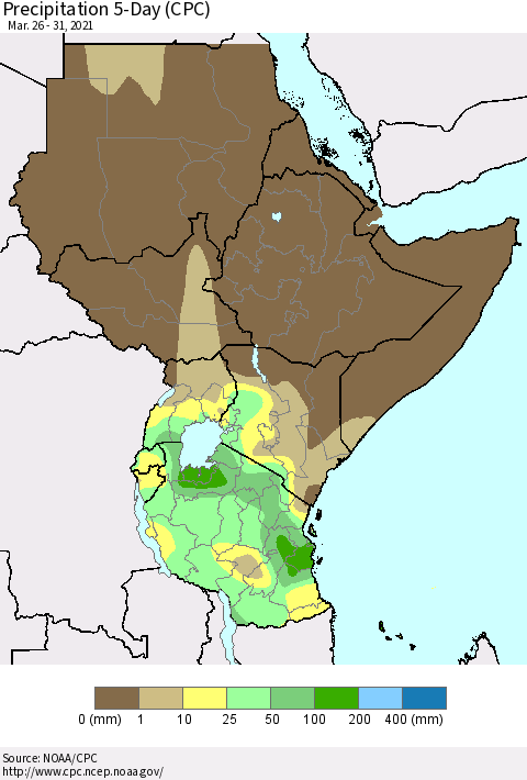 Eastern Africa Precipitation 5-Day (CPC) Thematic Map For 3/26/2021 - 3/31/2021