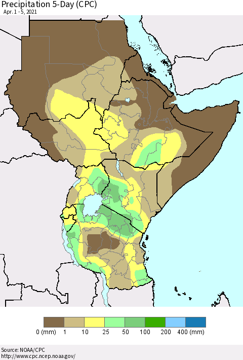 Eastern Africa Precipitation 5-Day (CPC) Thematic Map For 4/1/2021 - 4/5/2021
