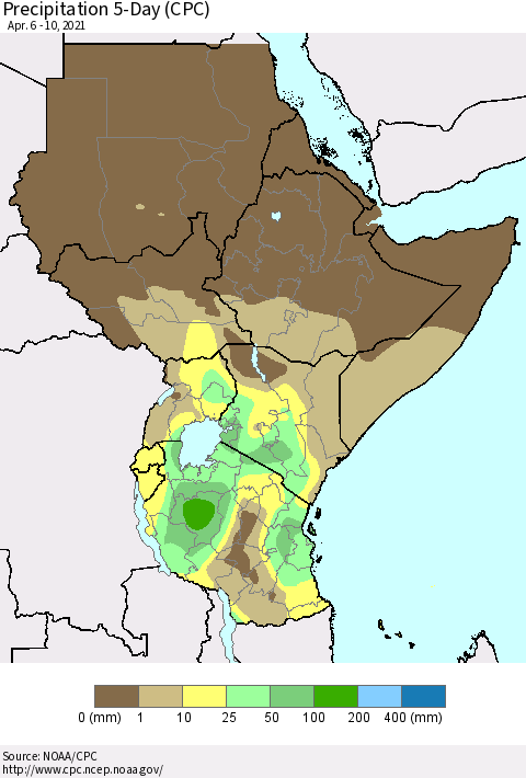 Eastern Africa Precipitation 5-Day (CPC) Thematic Map For 4/6/2021 - 4/10/2021