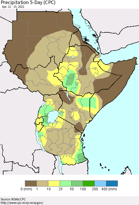 Eastern Africa Precipitation 5-Day (CPC) Thematic Map For 4/11/2021 - 4/15/2021