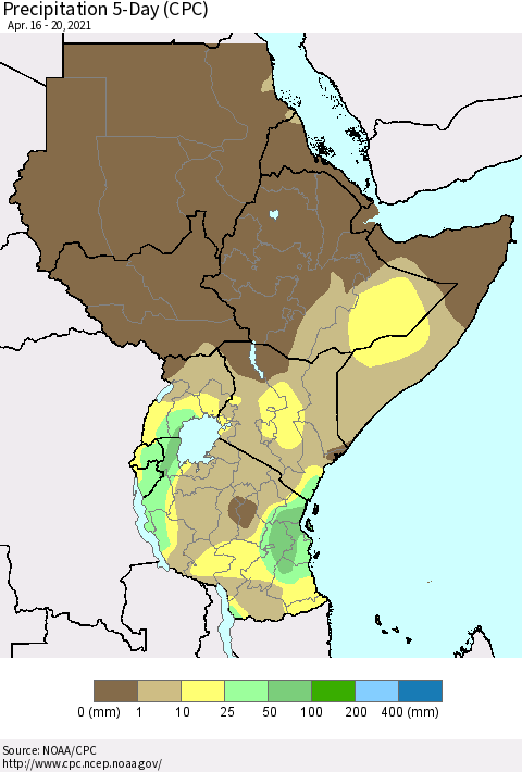 Eastern Africa Precipitation 5-Day (CPC) Thematic Map For 4/16/2021 - 4/20/2021