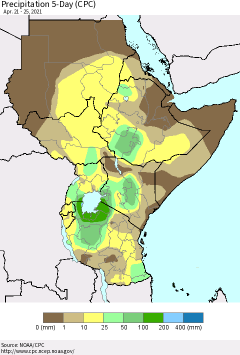 Eastern Africa Precipitation 5-Day (CPC) Thematic Map For 4/21/2021 - 4/25/2021