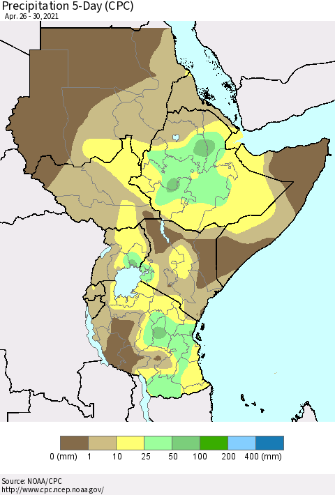 Eastern Africa Precipitation 5-Day (CPC) Thematic Map For 4/26/2021 - 4/30/2021