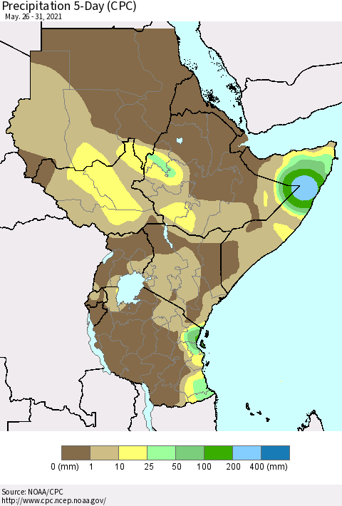 Eastern Africa Precipitation 5-Day (CPC) Thematic Map For 5/26/2021 - 5/31/2021