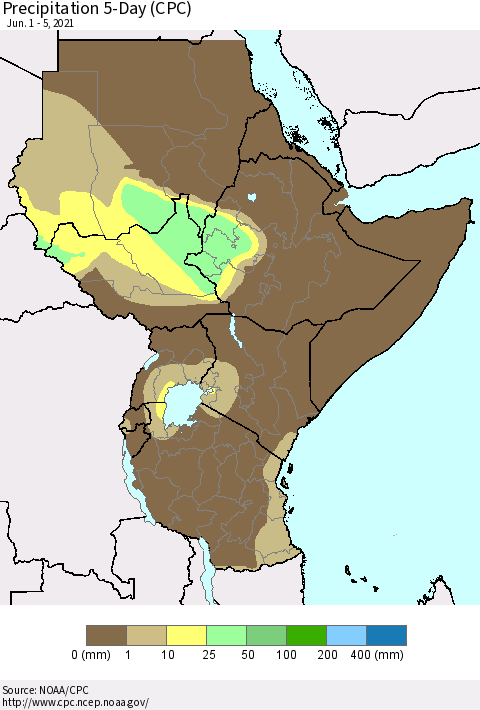 Eastern Africa Precipitation 5-Day (CPC) Thematic Map For 6/1/2021 - 6/5/2021