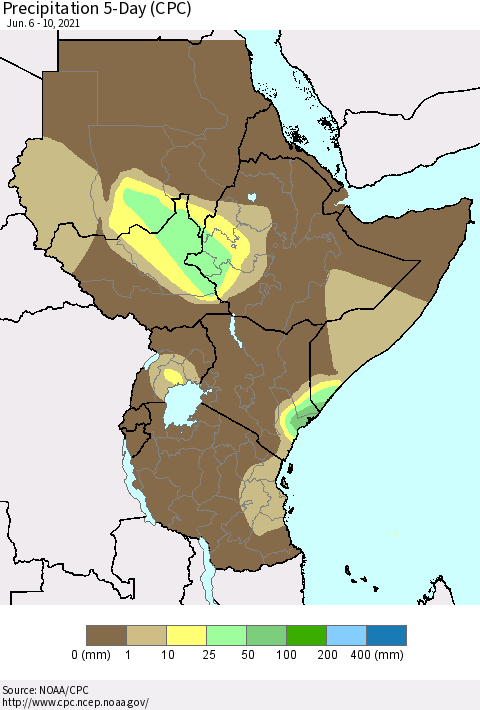 Eastern Africa Precipitation 5-Day (CPC) Thematic Map For 6/6/2021 - 6/10/2021