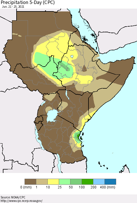 Eastern Africa Precipitation 5-Day (CPC) Thematic Map For 6/21/2021 - 6/25/2021