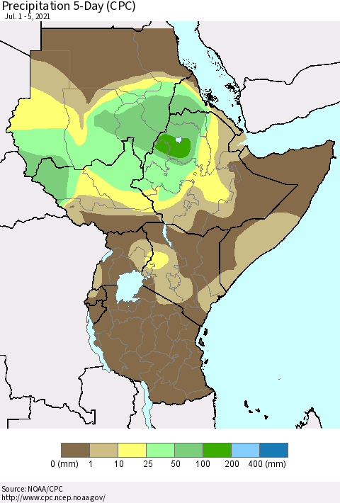 Eastern Africa Precipitation 5-Day (CPC) Thematic Map For 7/1/2021 - 7/5/2021