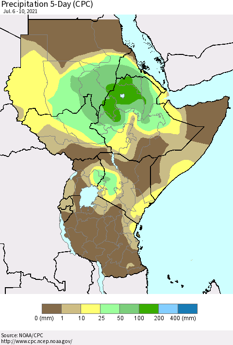 Eastern Africa Precipitation 5-Day (CPC) Thematic Map For 7/6/2021 - 7/10/2021
