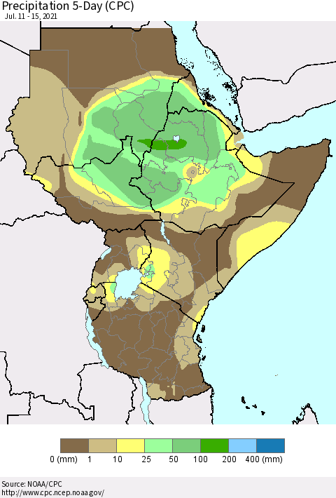 Eastern Africa Precipitation 5-Day (CPC) Thematic Map For 7/11/2021 - 7/15/2021