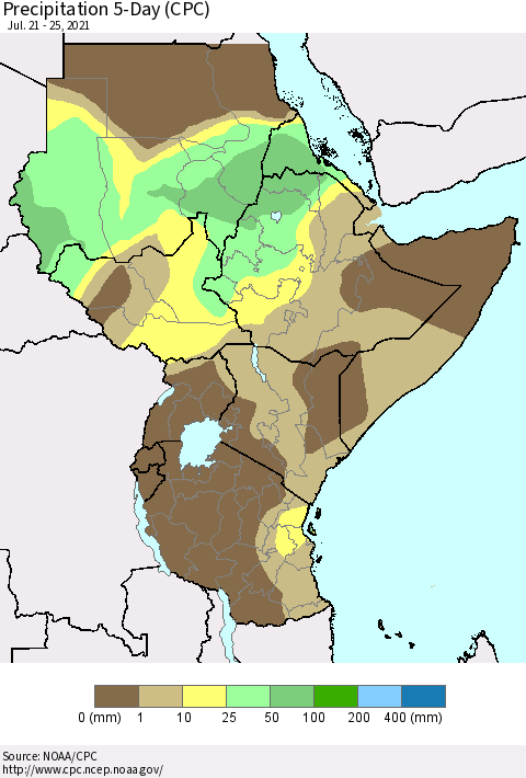 Eastern Africa Precipitation 5-Day (CPC) Thematic Map For 7/21/2021 - 7/25/2021