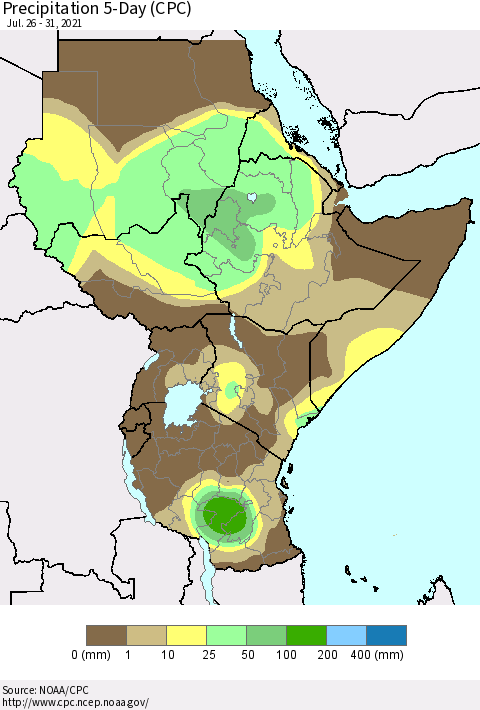 Eastern Africa Precipitation 5-Day (CPC) Thematic Map For 7/26/2021 - 7/31/2021