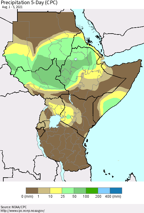 Eastern Africa Precipitation 5-Day (CPC) Thematic Map For 8/1/2021 - 8/5/2021