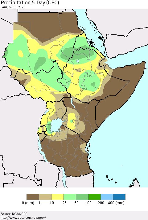 Eastern Africa Precipitation 5-Day (CPC) Thematic Map For 8/6/2021 - 8/10/2021
