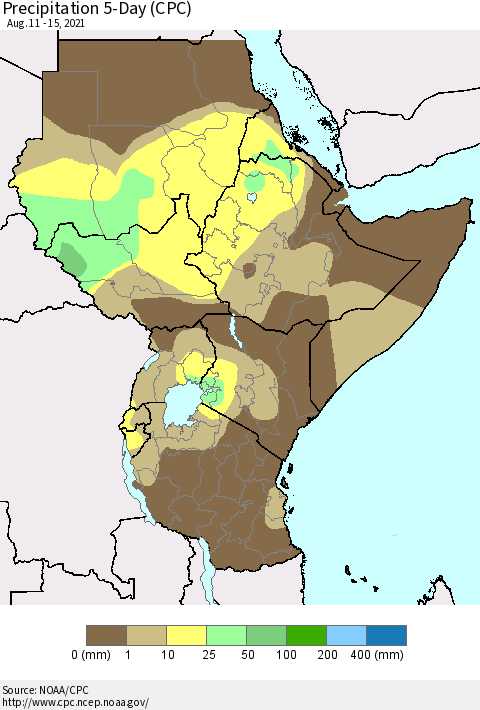 Eastern Africa Precipitation 5-Day (CPC) Thematic Map For 8/11/2021 - 8/15/2021