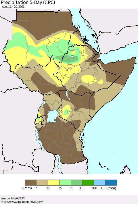 Eastern Africa Precipitation 5-Day (CPC) Thematic Map For 8/16/2021 - 8/20/2021
