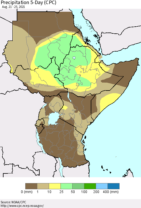 Eastern Africa Precipitation 5-Day (CPC) Thematic Map For 8/21/2021 - 8/25/2021