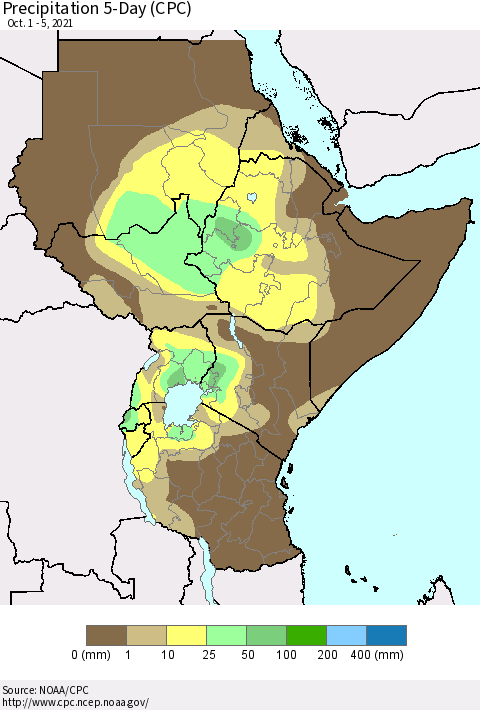 Eastern Africa Precipitation 5-Day (CPC) Thematic Map For 10/1/2021 - 10/5/2021
