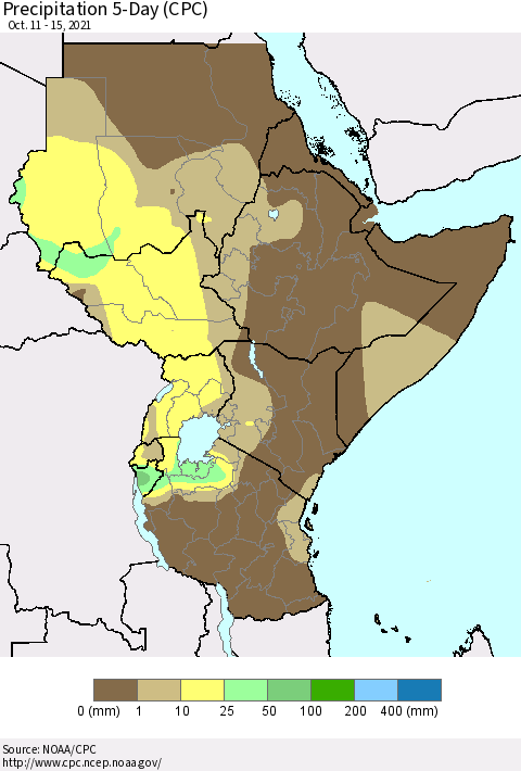 Eastern Africa Precipitation 5-Day (CPC) Thematic Map For 10/11/2021 - 10/15/2021