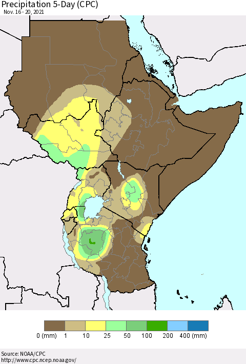 Eastern Africa Precipitation 5-Day (CPC) Thematic Map For 11/16/2021 - 11/20/2021
