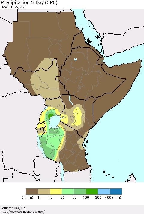 Eastern Africa Precipitation 5-Day (CPC) Thematic Map For 11/21/2021 - 11/25/2021