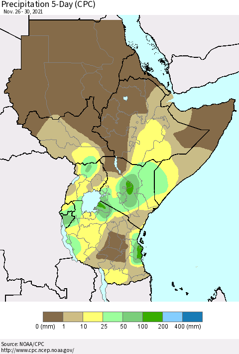 Eastern Africa Precipitation 5-Day (CPC) Thematic Map For 11/26/2021 - 11/30/2021