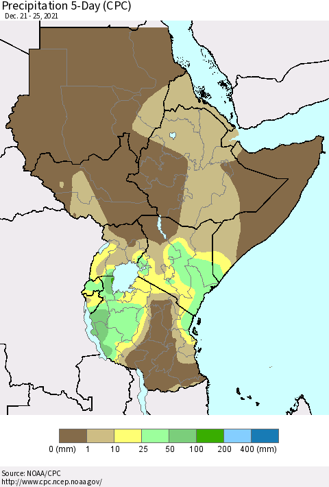 Eastern Africa Precipitation 5-Day (CPC) Thematic Map For 12/21/2021 - 12/25/2021