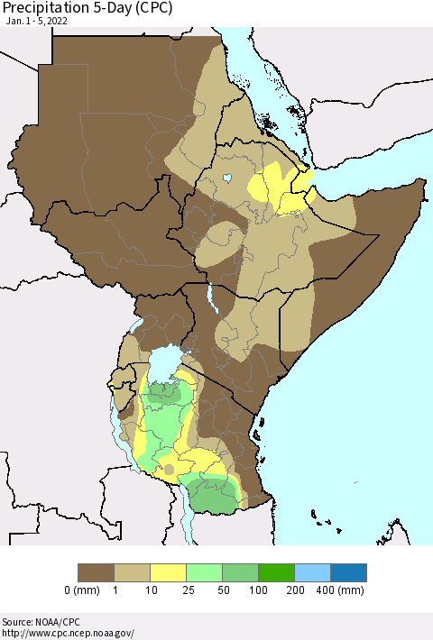 Eastern Africa Precipitation 5-Day (CPC) Thematic Map For 1/1/2022 - 1/5/2022