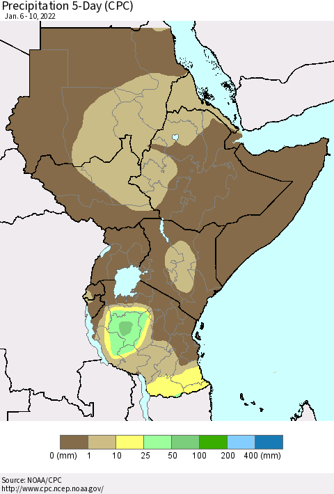 Eastern Africa Precipitation 5-Day (CPC) Thematic Map For 1/6/2022 - 1/10/2022