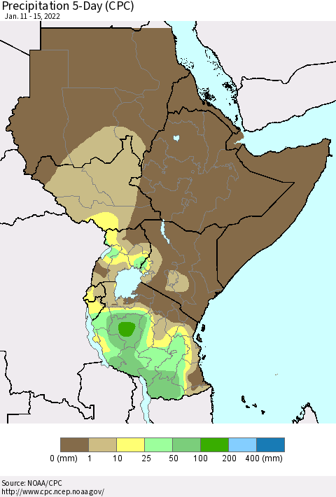 Eastern Africa Precipitation 5-Day (CPC) Thematic Map For 1/11/2022 - 1/15/2022