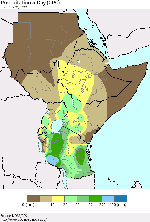 Eastern Africa Precipitation 5-Day (CPC) Thematic Map For 1/16/2022 - 1/20/2022