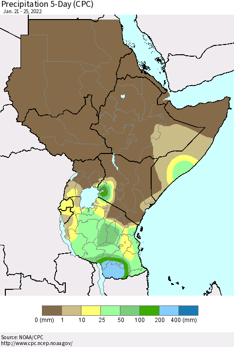 Eastern Africa Precipitation 5-Day (CPC) Thematic Map For 1/21/2022 - 1/25/2022