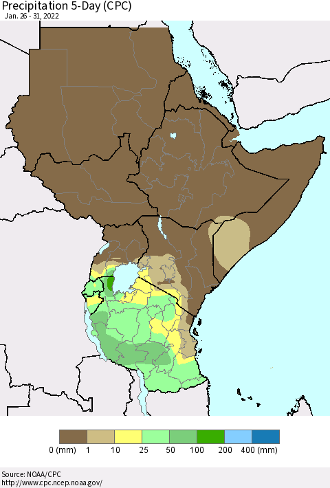 Eastern Africa Precipitation 5-Day (CPC) Thematic Map For 1/26/2022 - 1/31/2022